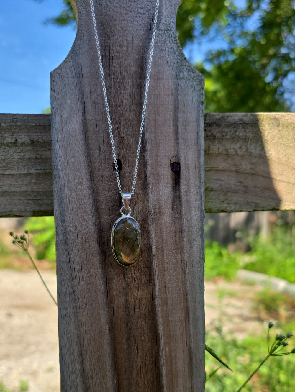 Sterling Silver Oval Pink And Green Flash Labradorite Pendant Necklace